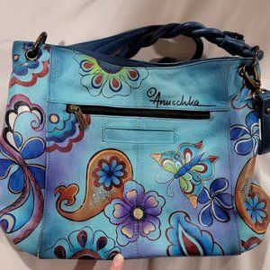 Anuschka Leather Medium Crossbody Braided Handle Butterly Painted Blue Handbag